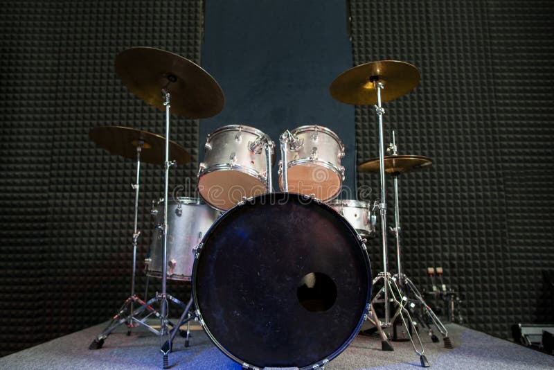 Drum set on stage prepared for playing. stock photography