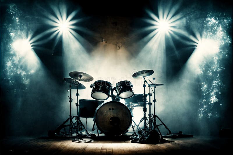 Drum Set on Stage in the Spotlight. AI Generated Stock Illustration