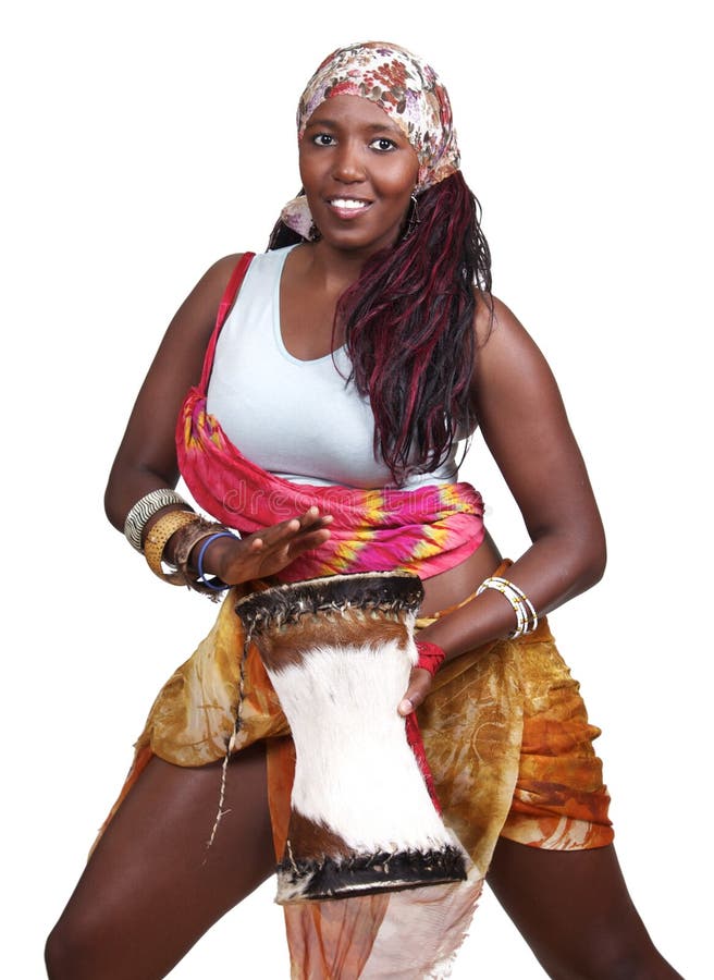 An African woman plays a small djembe drum, set against a white background. An African woman plays a small djembe drum, set against a white background.