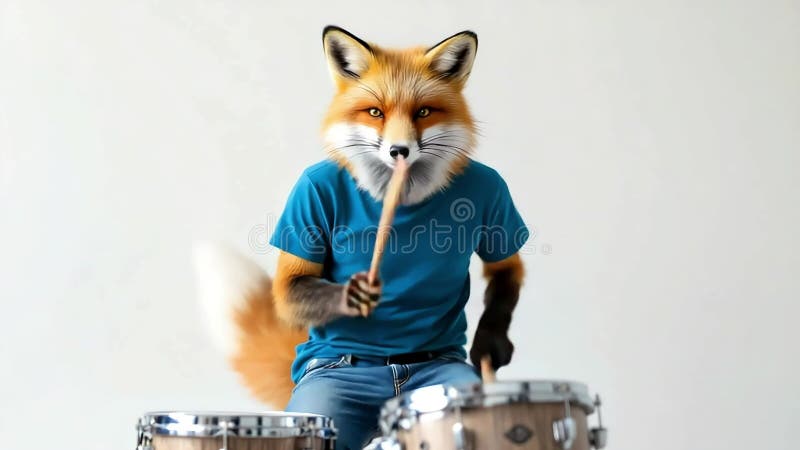 Drummer anthropomorphique de renard avec jeans bleu joue batterie avec bâtons illustration de vecteur