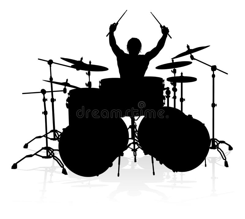 Bubeník hudobník bubnovanie bicie v detailné silueta.
