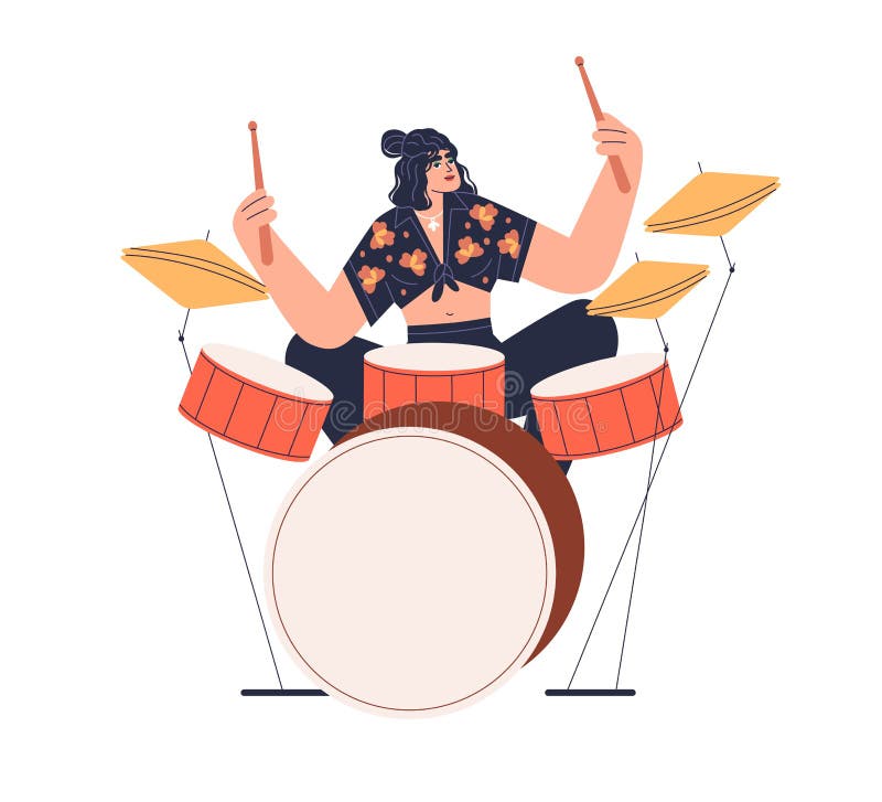 Drummer Musician Playing Modern Music at Drum Kit. Girl Player, Solo