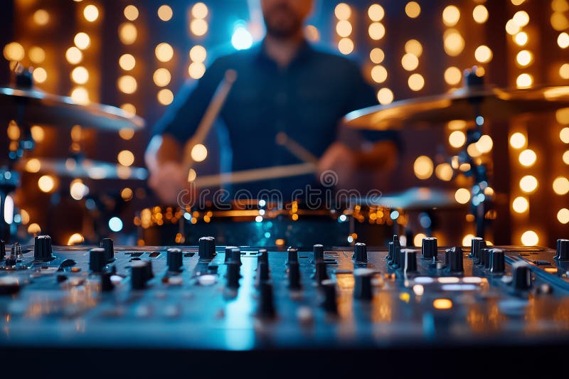 A drummer skillfully plays amidst a backdrop of blurred lights, creating an energetic atmosphere in an intimate setting stock image