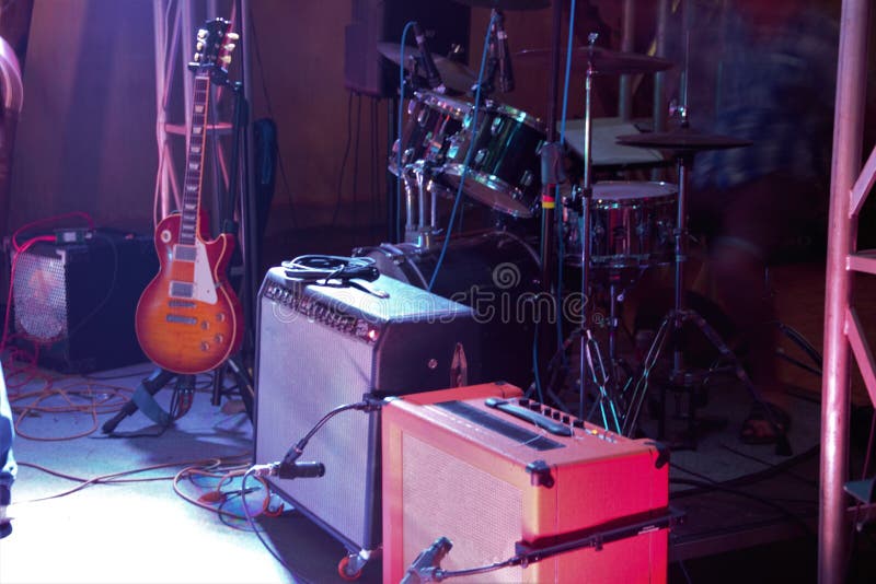 Drums, Guitar and Amps Back Line at Gig on Stage Stock Image Image of