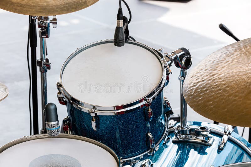 Drums and Percussion on Outdoor Stage, Ready for Play Stock Photo