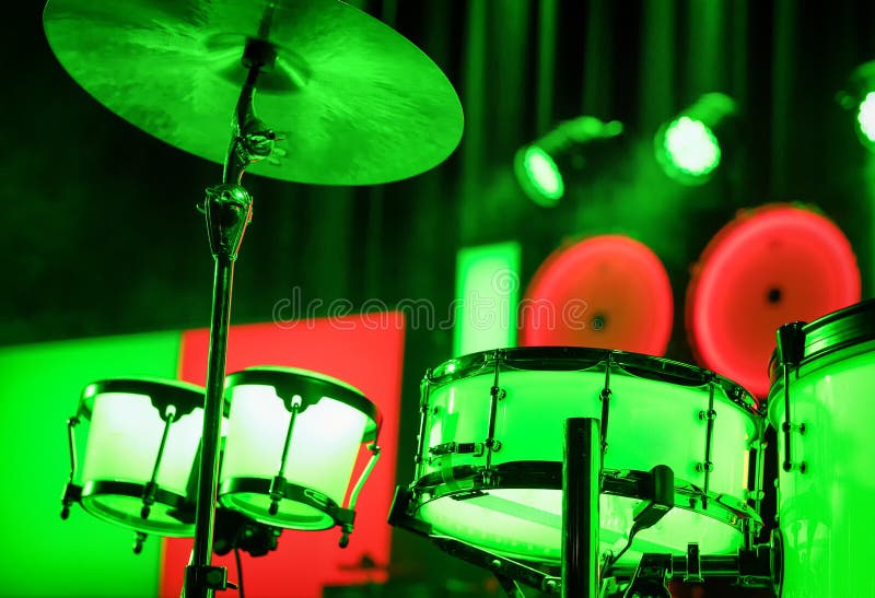 Drums on a stage stock photo. Image of sound, lights 70074666