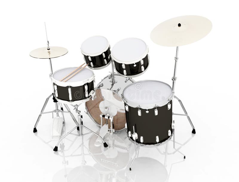 Drumset auf weißem Hintergrund. Computergenerierte 3D-Abbildung mit einem Drumset vor weißem Hintergrund