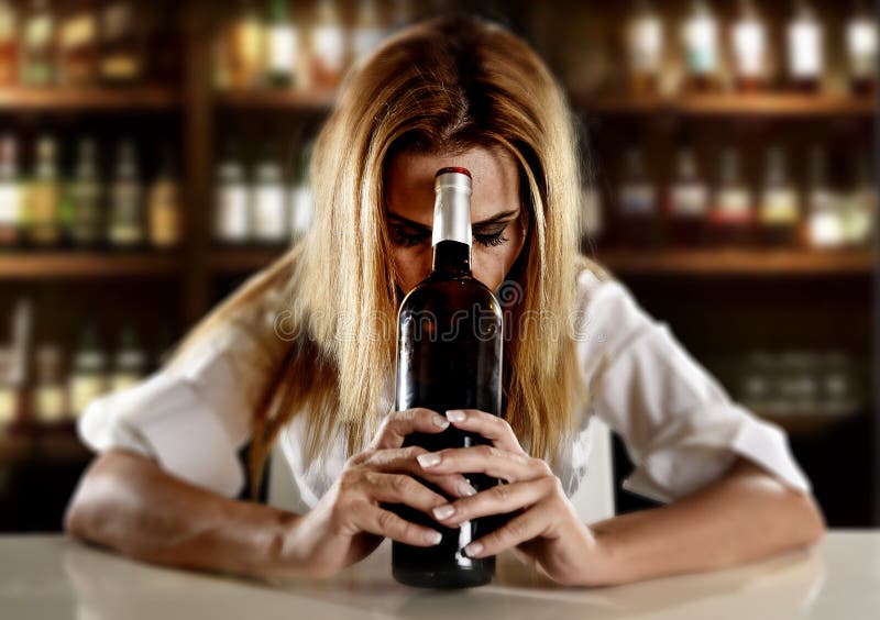 drunk-alcoholic-blond-woman-alone-wasted-depressed-red-wine-bottle-bar-expression-looking-thoughtful-sad-holding-