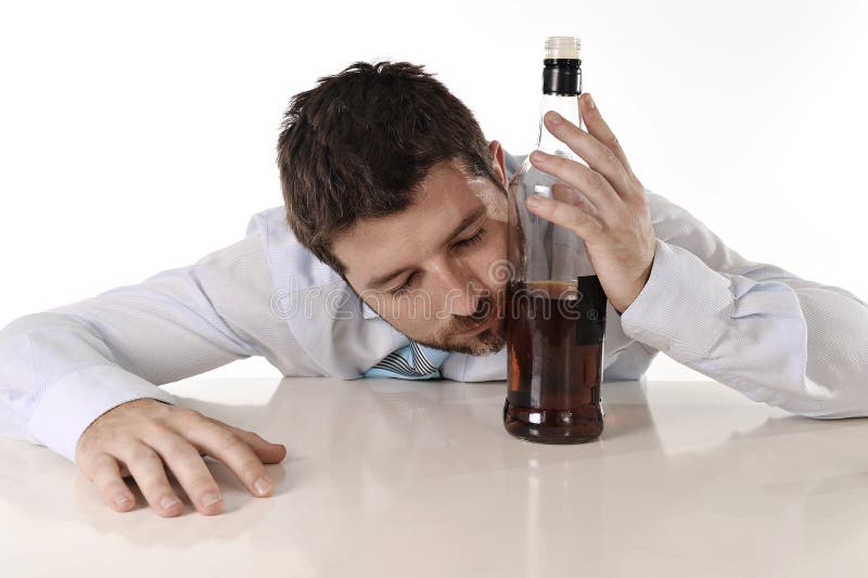 Drunk Business Man Wasted and Whiskey Bottle in Alcoholism Stock Photo ...