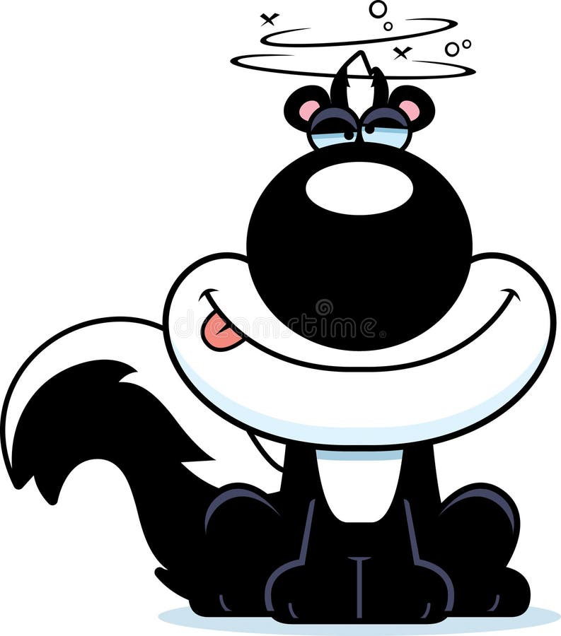 A cartoon illustration of a skunk looking drunk. Smiling skunk vectors