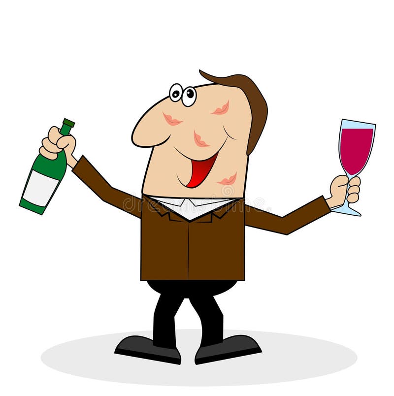 Drunk Man with a Glass and a Bottle of Wine Stock Vector Illustration