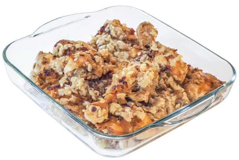 Drunken Chicken Legs In Glass Baking Dish Isolated On White Background