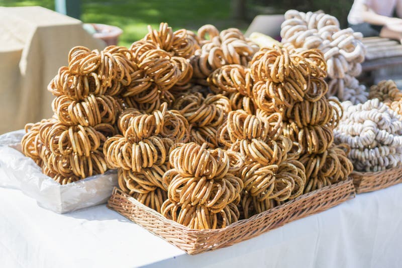 Dry Bagels Heap, Selective Focus. Bagels with Poppy Seeds in Store