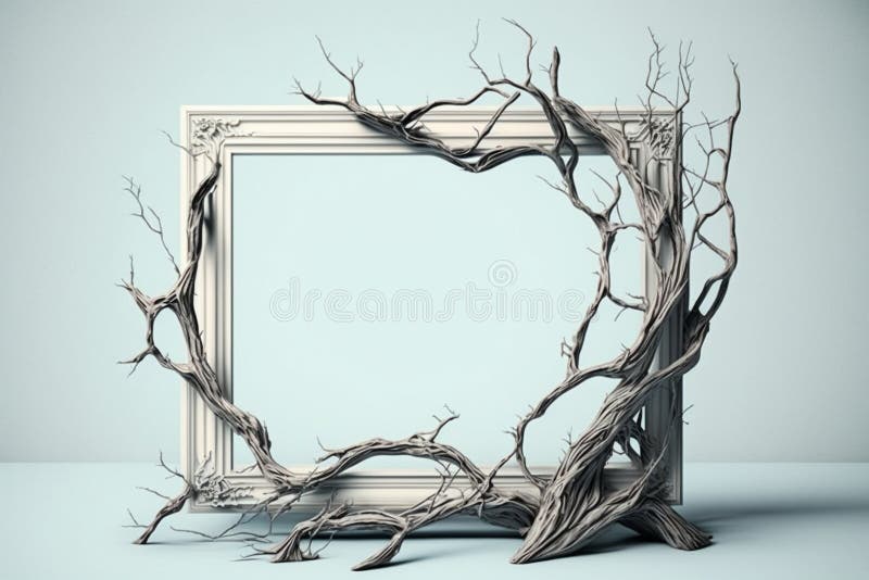 Dry Branches of Tree Roots Frame an Empty Frame. AI Generated Stock
