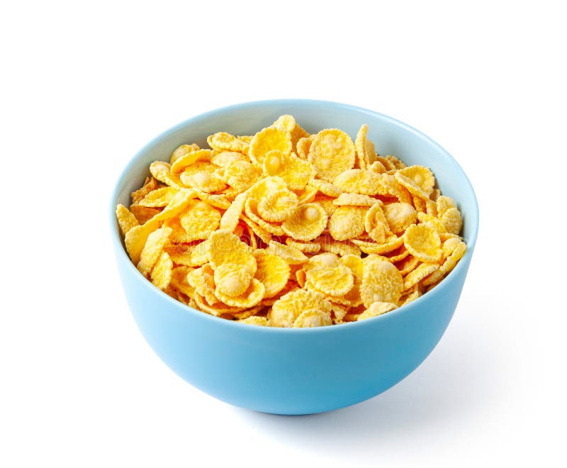 Dry Breakfast Cornflakes. Blue Plate Full of Cereal. Isolated on White