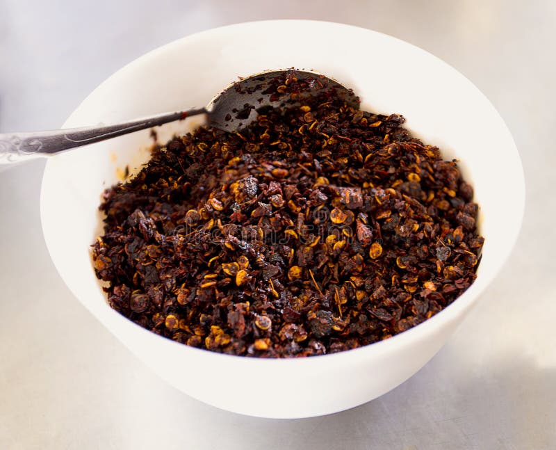 Dry Chili Paper, Roasted Chili Paste on Small White Cup. Stock Image