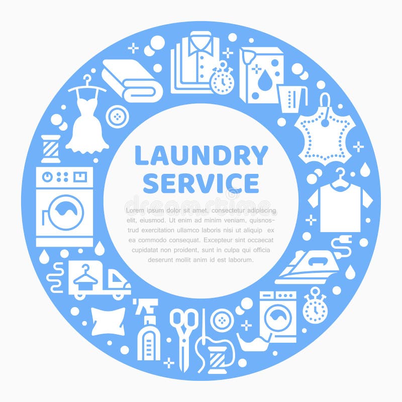 Dry cleaning, banner illustration with blue flat glyph icons. Laundry service equipment, washing machine, clothing leather repair garment steaming. Circle template launderette poster.