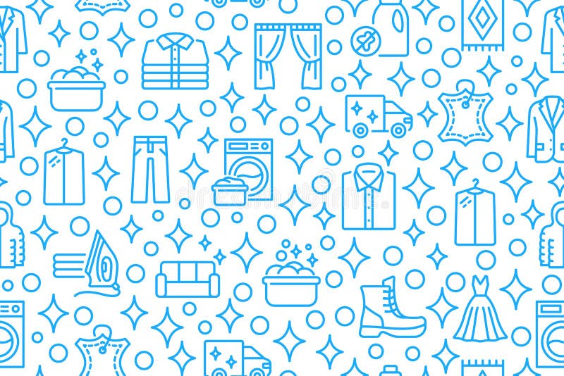 Dry Cleaning and Laundry Seamless Pattern with Flat Line Icons. Blue Symbol  on a White Background Stock Vector - Illustration of curtain, cleaning:  206636910