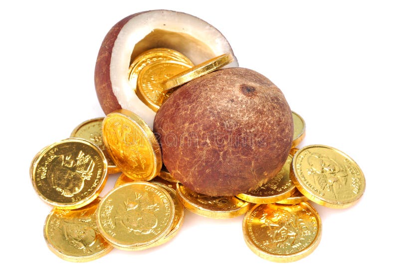 Dry Coconut With Gold Coins Stock Image Image of closeup, coco 8810191