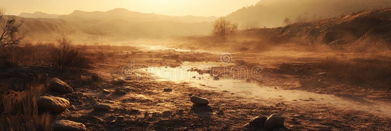 The dry and cracked riverbed, surrounded by desolate hills, with scattered stones and remnants of plants, captured in royalty free stock photos