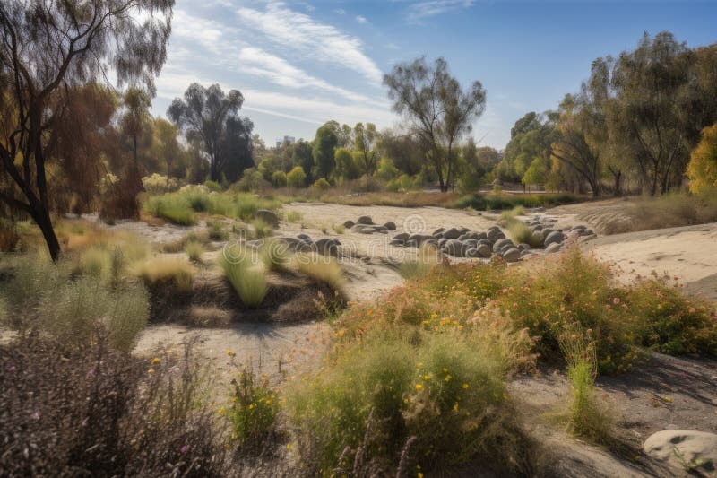 Dry and Droughtstricken Park, with Native Plants Thriving in Harsh Conditions Stock Photo
