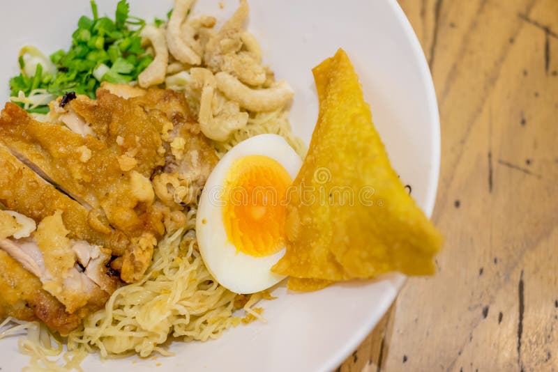 Dry Egg Noodle with Fried Chicken Stock Image Image of dish, green