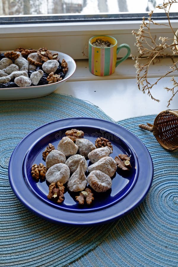 Dry Figs and Walnuts on a Blue Plate in Portrait Wide Stock Image Image of fruit, nutrition