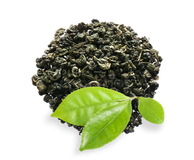 Dry Green Tea and Fresh Leaves on White Background, Top View Stock