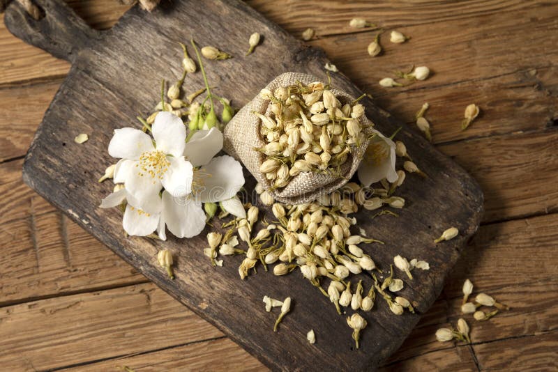 Dry jasmine flower tea stock image. Image of bord, vegan 266707921