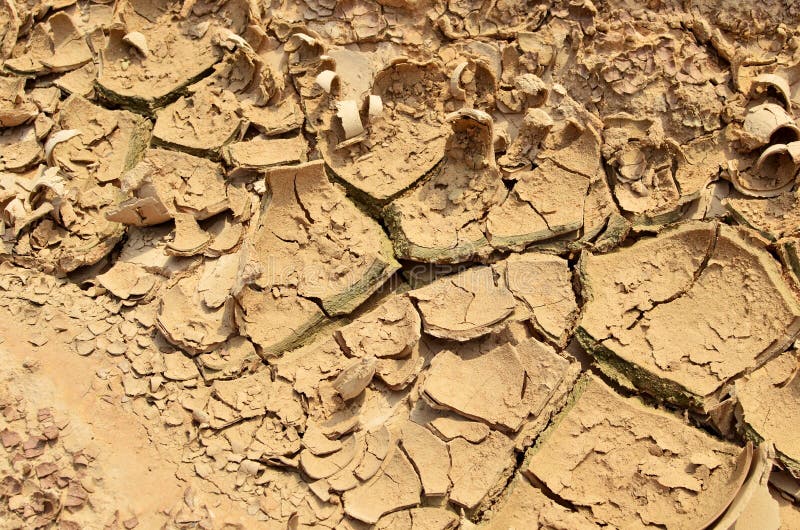 Dry lake in the process of drought and lack of rain or moisture. Global natural disaster. The cracked soil of the earth due to