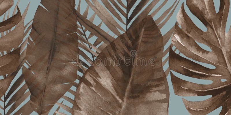 Dry palm leaves banner background. Watercolour leaves on blue. Dried Leaves.