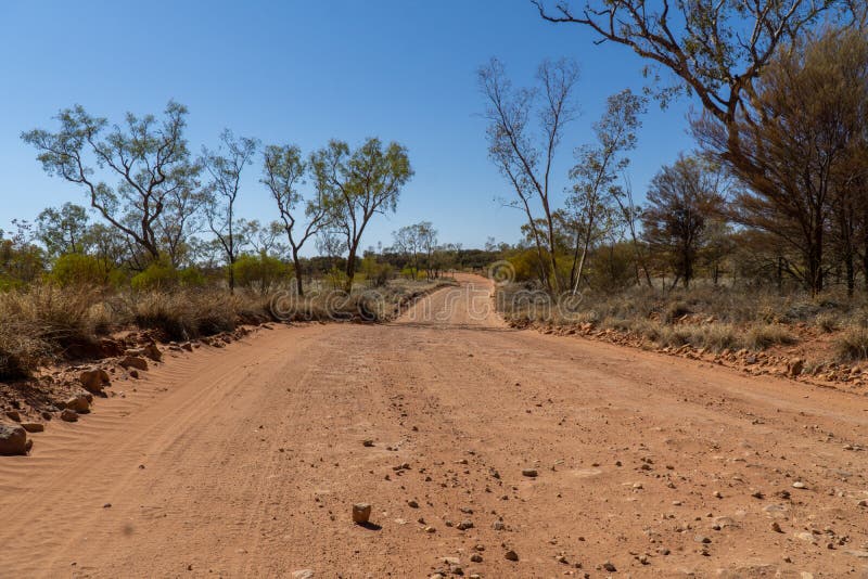 Dry path of sand in the australian outback ends in the desert