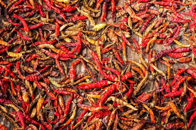 Dry red hot chili peppers at asian market. Organic food