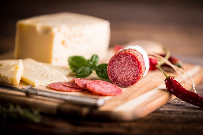 Dry Salami or Sausage with Cheese and Herbs Stock Image Image of