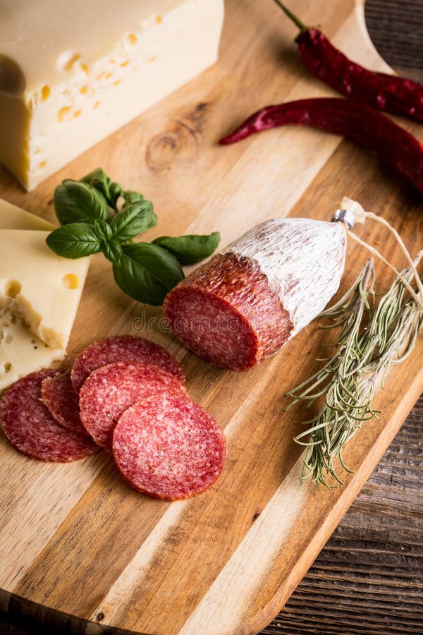 Dry Salami or Sausage with Cheese Stock Photo Image of delicatessen