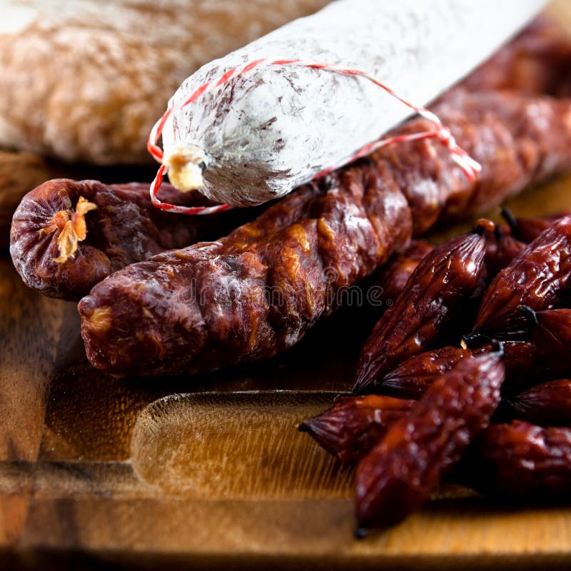 Dry cured sausages stock image. Image of basil, food 14806701