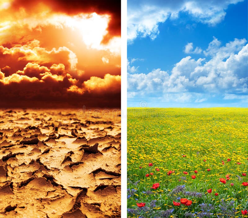 Dry soil in arid land and lush green landscape