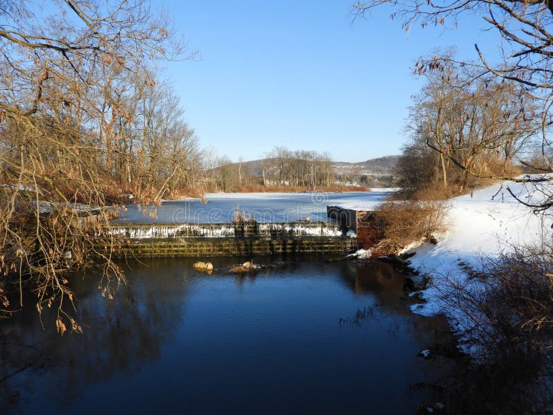 Dryden Lake and Dam on a Clear Winter Day Stock Photo Image of eagles