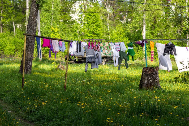 Drying Clothes In Yard Outside. Stock Photo Image of clean, courtyard