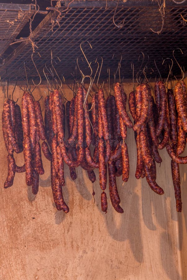 Drying homemade sausages royalty free stock photos