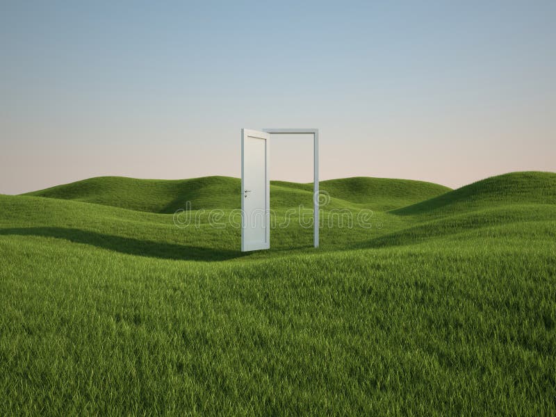 3d render of beautiful grass field with opened white door (clipping path). 3d render of beautiful grass field with opened white door (clipping path)