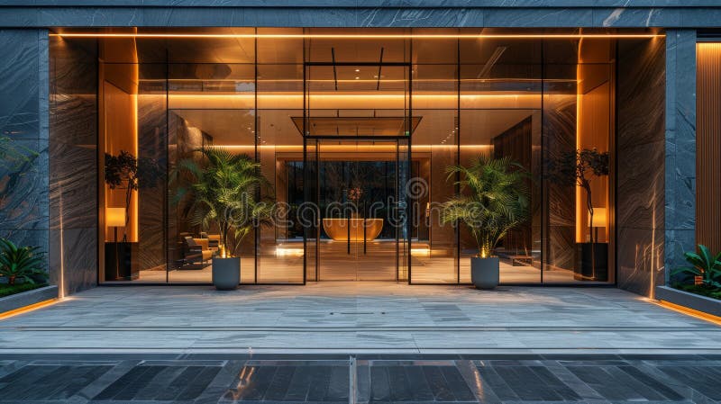 glass entrance doors with logo signage, ambient lighting, and chic lobby interior design, provide inspiration for a sleek space AI generated. glass entrance doors with logo signage, ambient lighting, and chic lobby interior design, provide inspiration for a sleek space AI generated