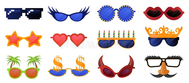 Funny party glasses. Carnival, masquerade sunglasses, photo booth party decorative glasses vector illustration icons set. Masquerade glasses collection, funny mustache and mask. Funny party glasses. Carnival, masquerade sunglasses, photo booth party decorative glasses vector illustration icons set. Masquerade glasses collection, funny mustache and mask