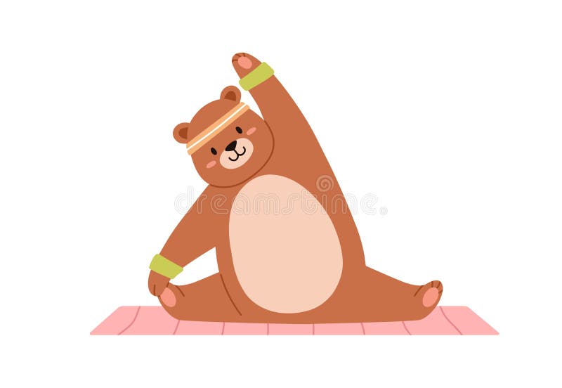 Drăguț urs amuzant face yoga exercitiu pe mat. animal de plus, adorabil și fericit, care se întinde. personaj din copii grăsuți în royalty free illustration