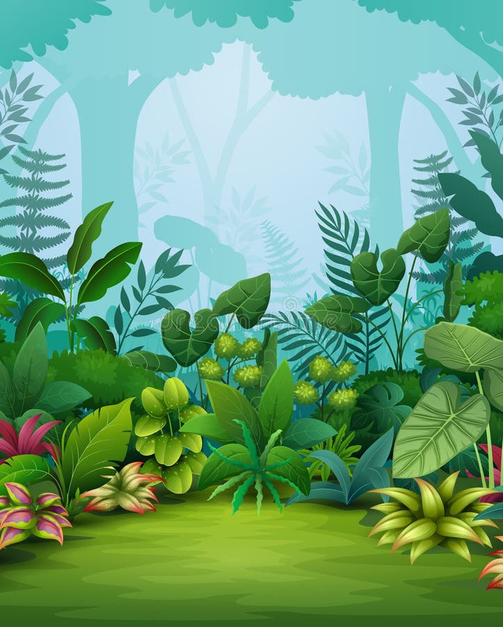 Dschungelszene mit üppiger grüner Vegetation und vielfältigem Pflanzenleben stock abbildung