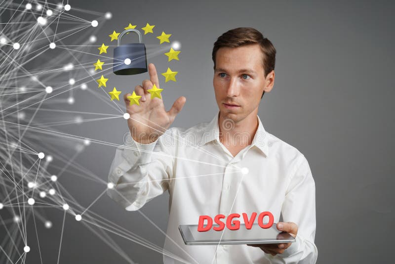 DSGVO, γερμανική εκδοχή GDPR Γενική έννοια κανονισμού προστασίας δεδομένων, η προστασία των προσωπικών στοιχείων Νεαρός άνδρας στοκ φωτογραφίες DSGVO, γερμανική εκδοχή GDPR Γενική έννοια κανονισμού προστασίας δεδομένων, η προστασία των προσωπικών στοιχείων Νεαρός άνδρας στοκ φωτογραφίες