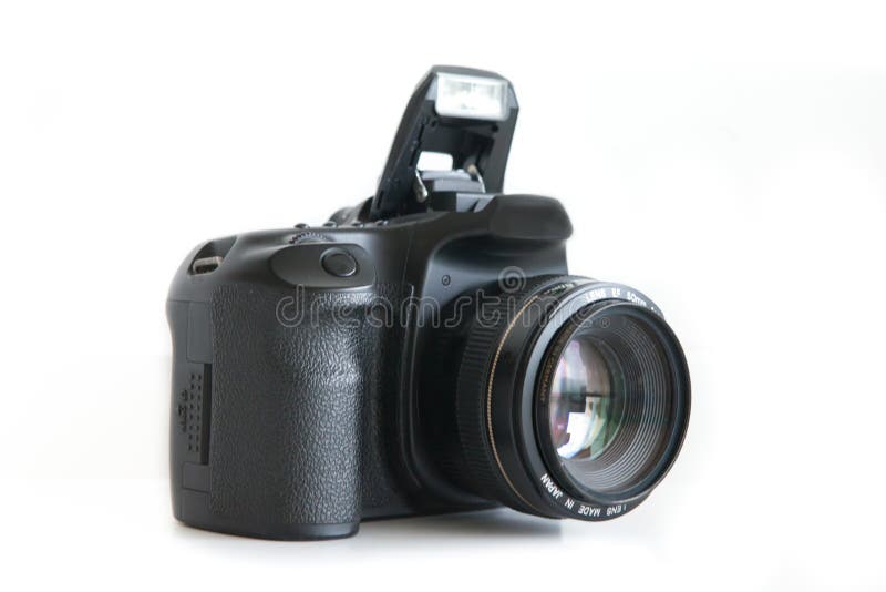 Dslr camera body and lens with popup flash out. Body cam stock images, royalty-free photos and pictures