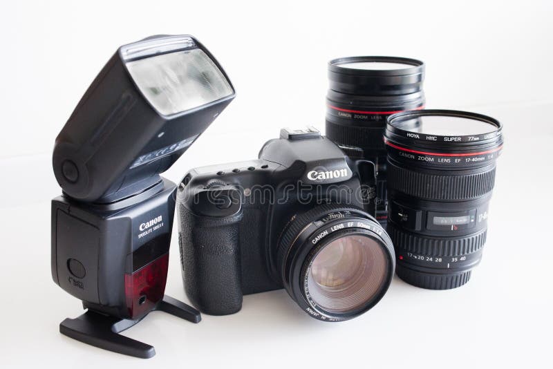Dslr camera body and lens with external flash and lenses. Body cam stock images, royalty-free photos and pictures