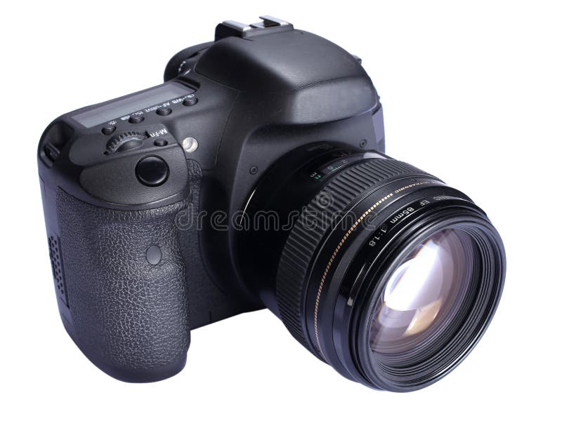 A modern DSLR digital camera and lens isolated on white.