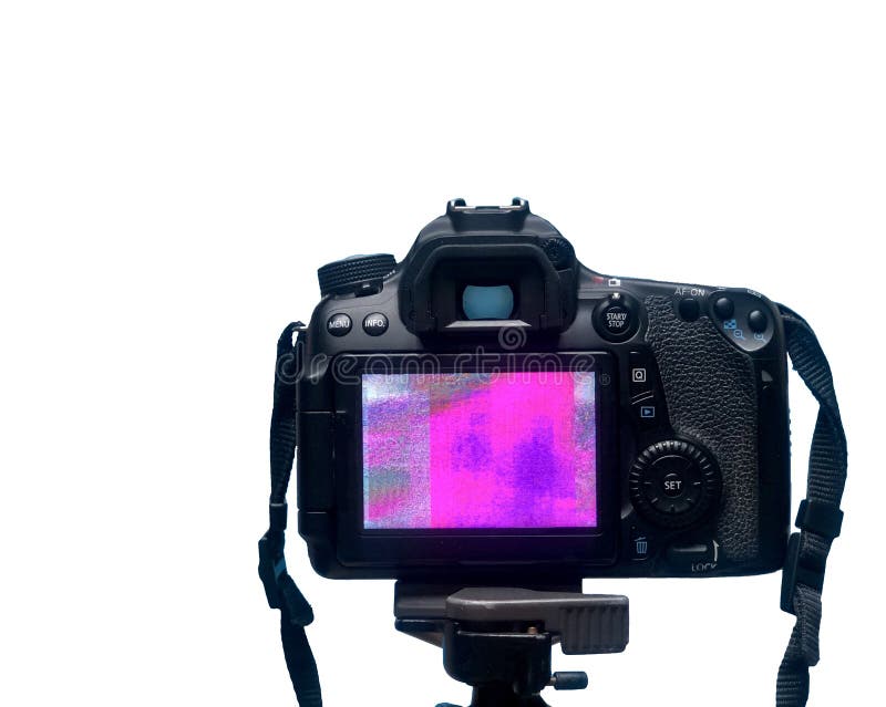 DSLR LCD display screen with Pixel texture of the camera matrix on a tripod on White Background isolate